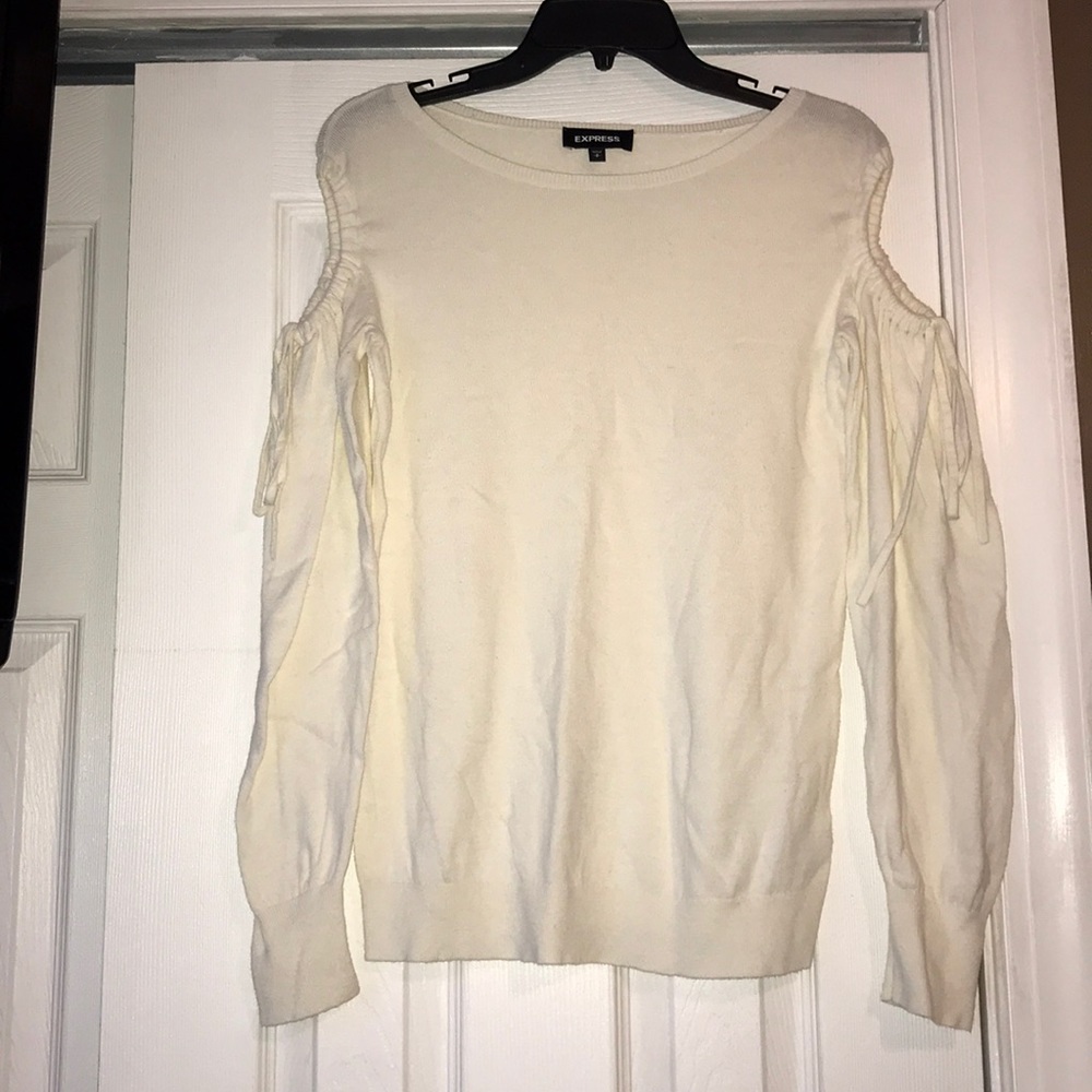 Express creme long sleeve sweater. Open shoulder.